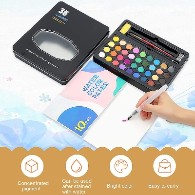 Picture of Keep Smiling 36 Watercolor Paint Sets Water Color Pigment School Painting Drawing Art Supplies With Painting Brush And Sponge Tin Box Set 36,Multicolor