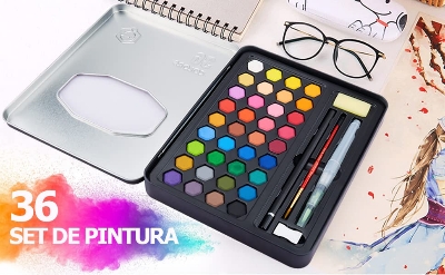 Picture of Keep Smiling 36 Watercolor Paint Sets Water Color Pigment School Painting Drawing Art Supplies With Painting Brush And Sponge Tin Box Set 36,Multicolor