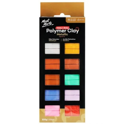 Picture of Mont Marte Make n Bake Polymer Clay Signature Metallic 100g (3.5oz) Includes 10 x 10g metallic colours: silver, copper, rose gold, metallic blue, metallic pink, gold, bronze, metallic green, metallic mauve, metallic red