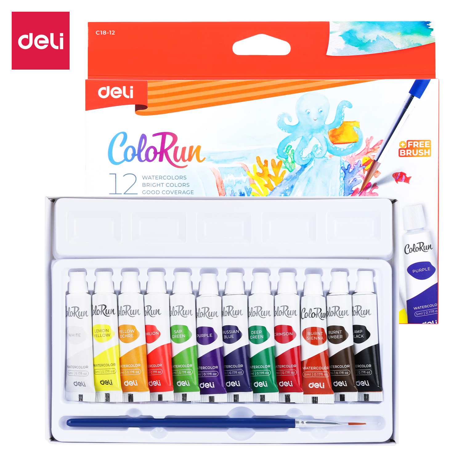 Picture of Deli EC18-12 Watercolor 12 shade with 1 pcs brush free