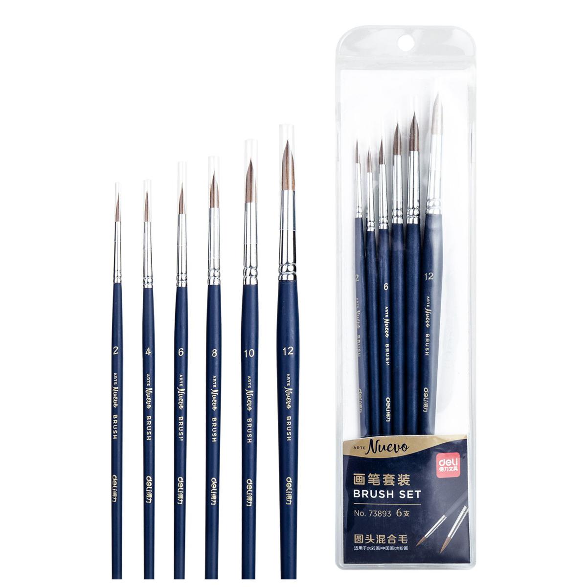 Picture of Deli 73893 Round Bristle Brush Set for Acrylics and Oil (Set of 6, Black)