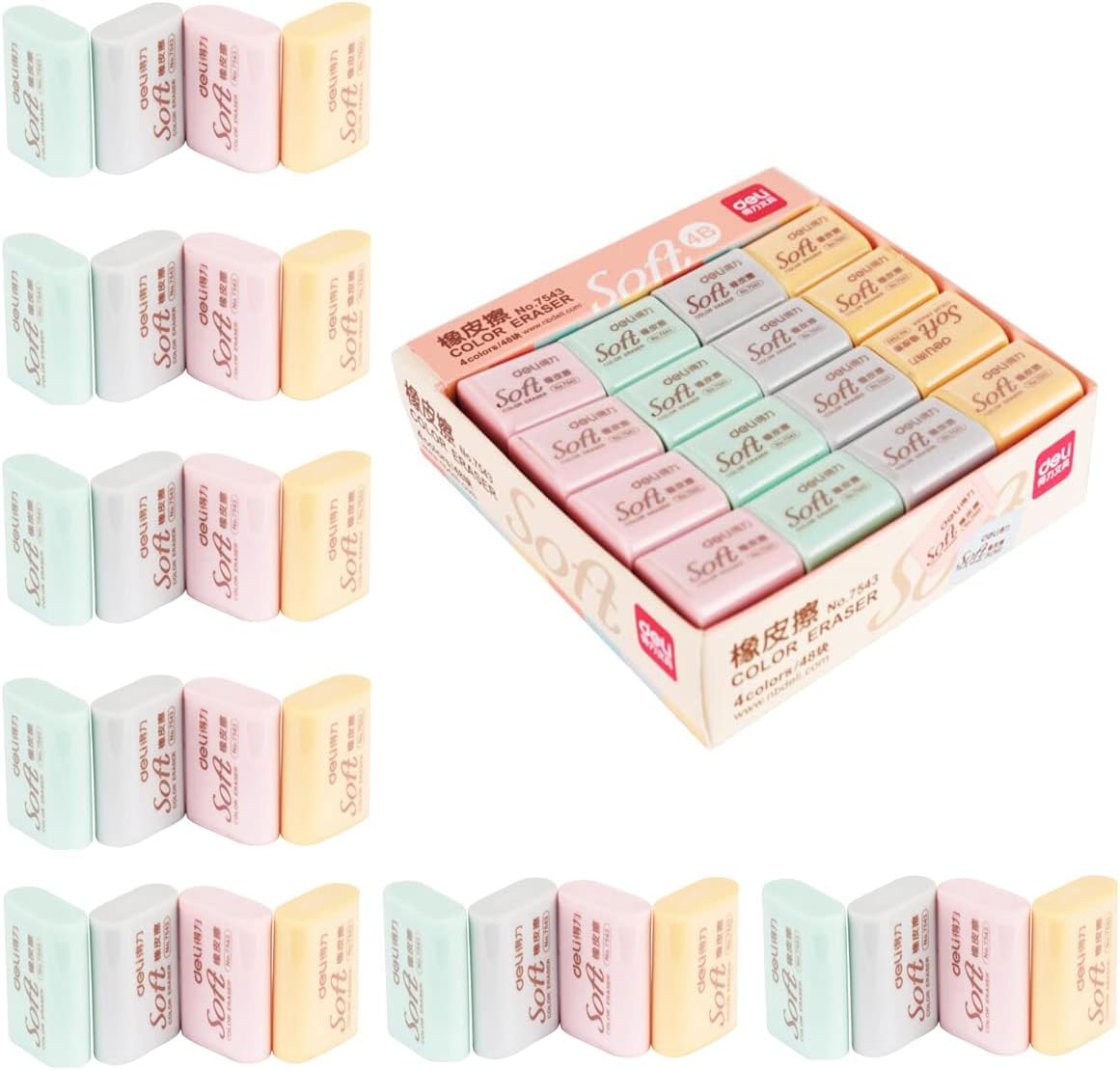 Picture of deli 7543 Soft 4B Rubber Pencil Erasers 3 Colors Draw Art Class Wipe Clean Safe Office  3 pcs