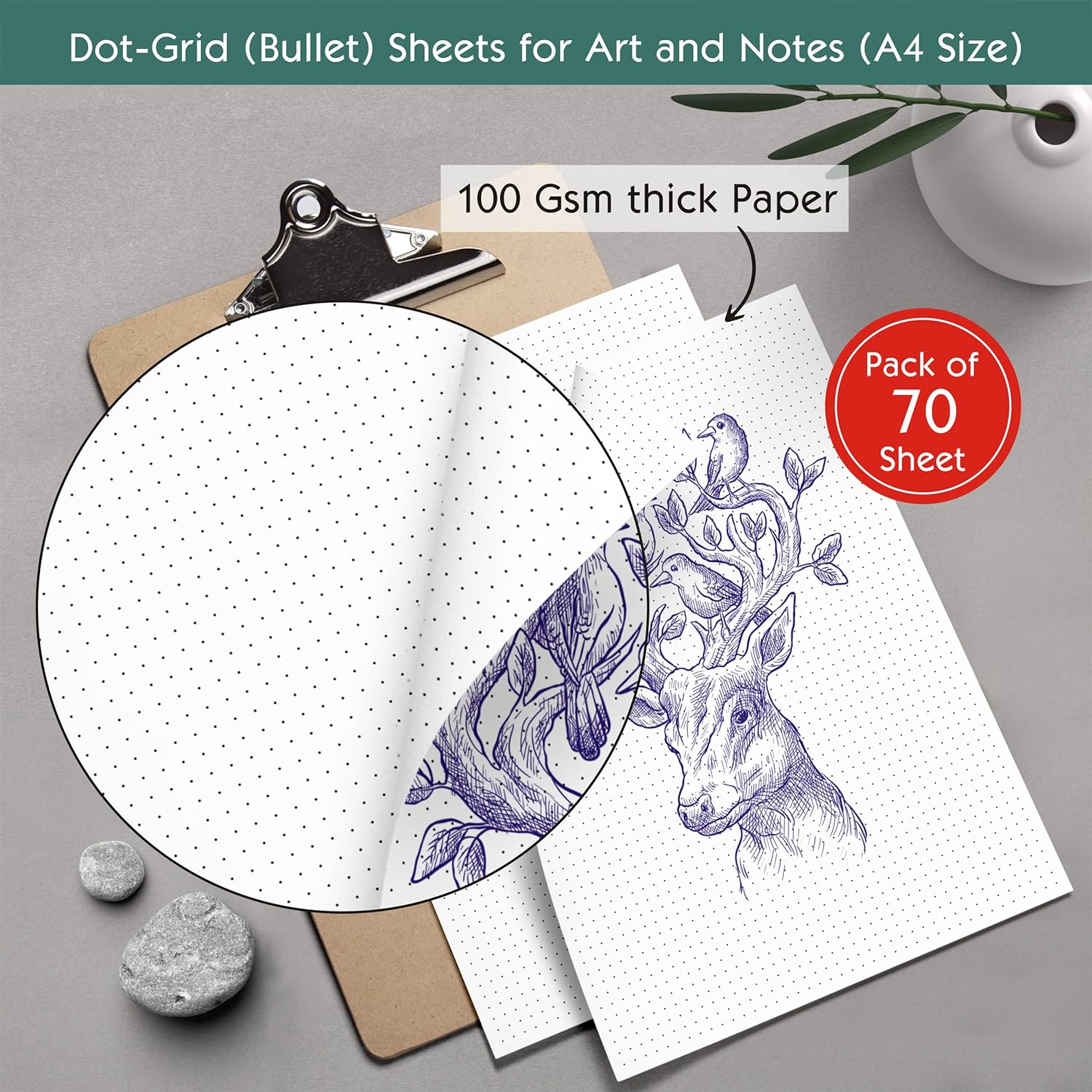 Picture of Dotted Loose Leaf Paper Sheets 110 GSM for Bullet Journaling, Artist Writing Drawing, Pack of 70 Sheets/140 Pages, White