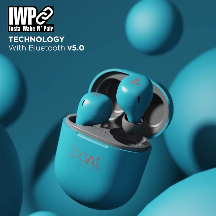 Picture of Boat airdopes 381 bluetooth truly wireless in ear, Earbuds with 20 hours playback Teal Blue INDIAN