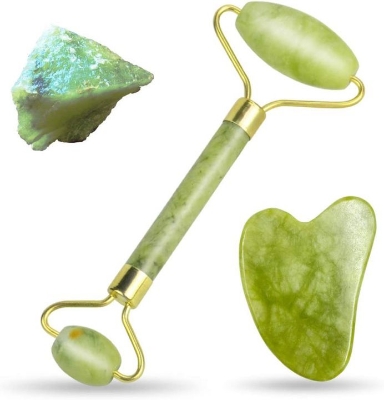 Picture of 2pcs/set Green Resin natural Jade Massage Spa Roller + GuaSha Board Scrapers Plate For Face Neck Back Body Relaxation Anti-aging Skin Massage