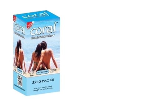 Picture of pack of  10x3 =30 pcs Coral extra Time Condom Lubricated Natural Latex Condom FULL BOX  maloasiya