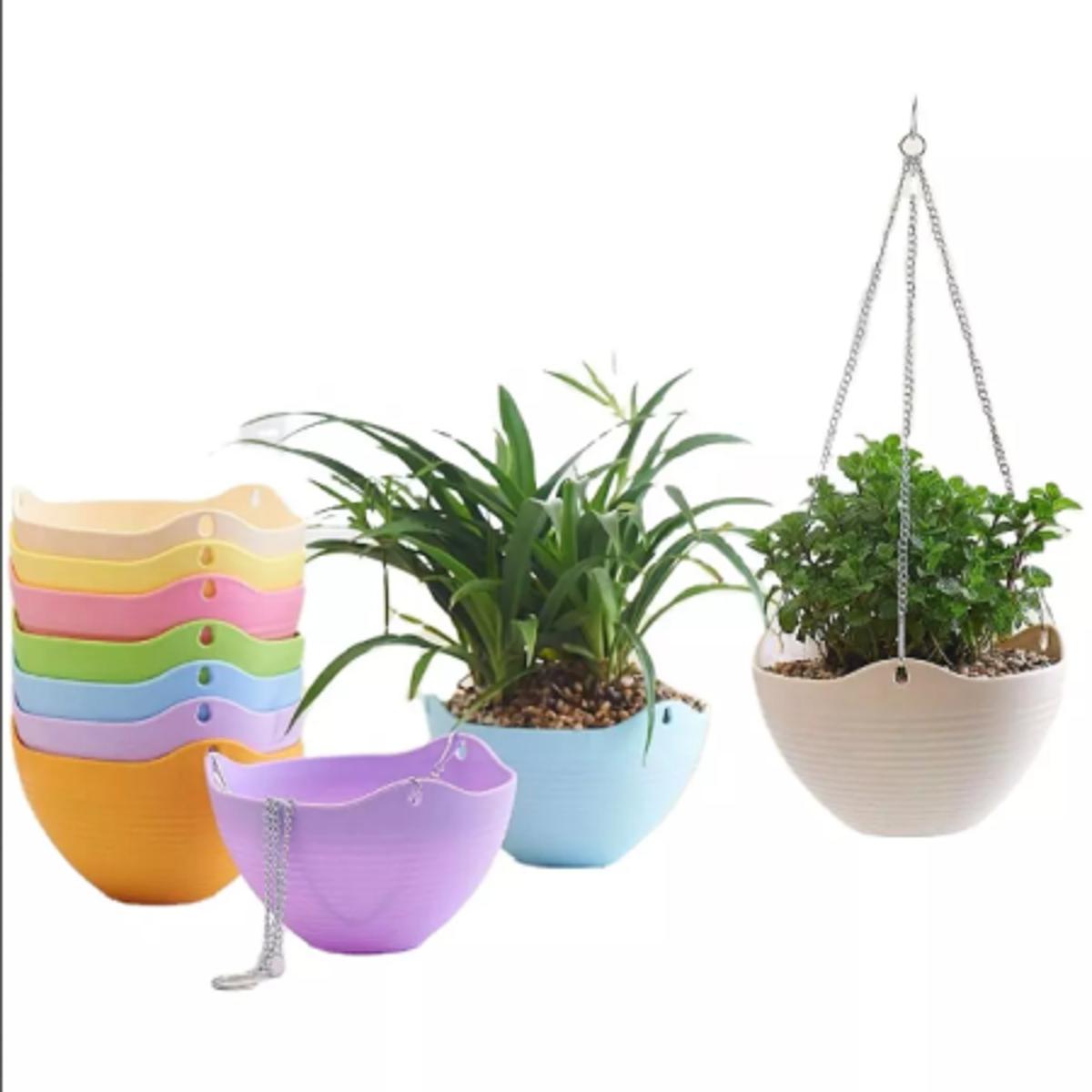 Picture of Indoor Outdoor Plastic Round Hanging Plant Planter Flower Pots With Metal Chain