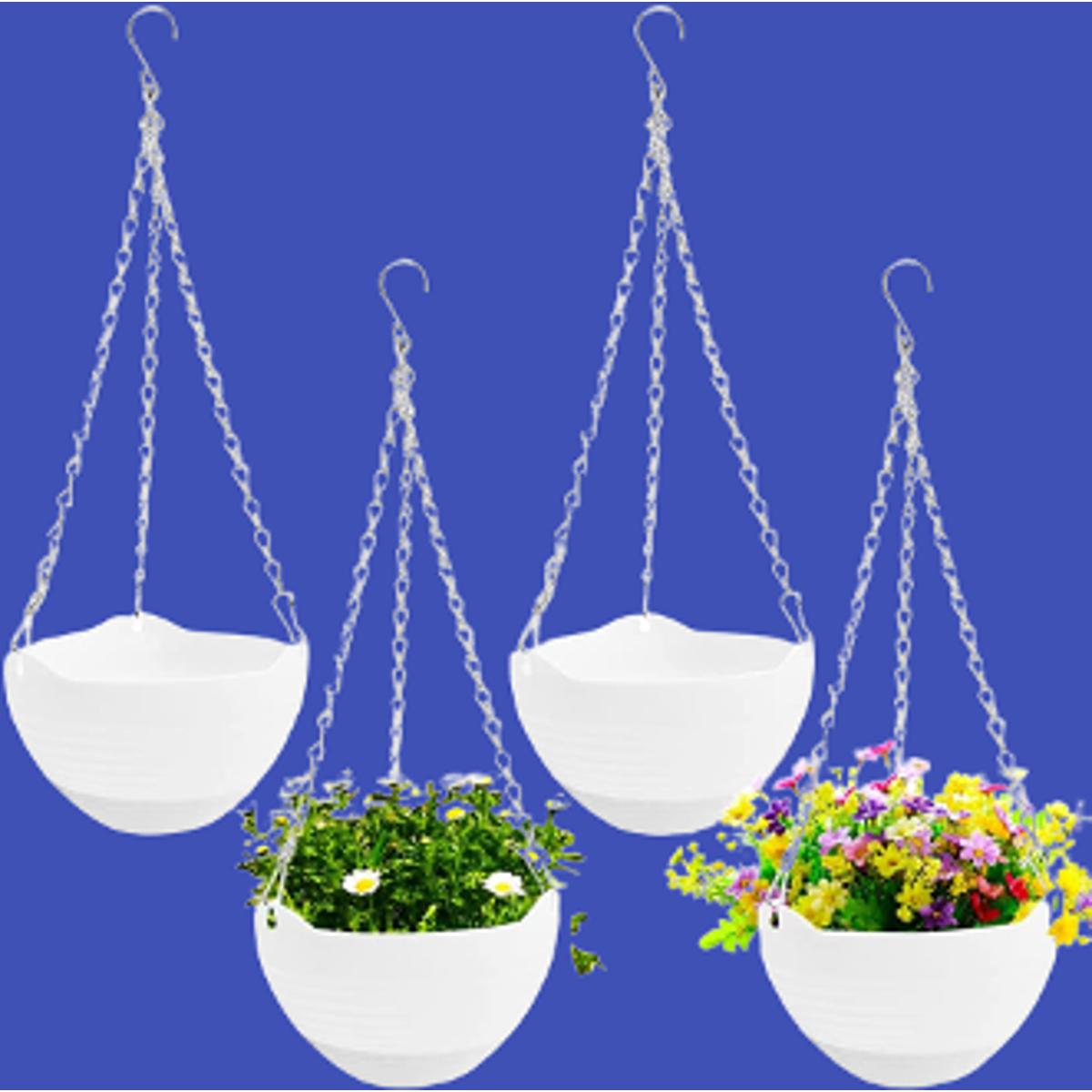 Picture of 4 Pcs 8 inch Hanging Planter Pots,Self-Watering Round Hanging Basket with Water Tray and Metal Chain,Succulent Flower Plant Pot Container for Indoor Outdoor Garden Balcony Wall Decor,White