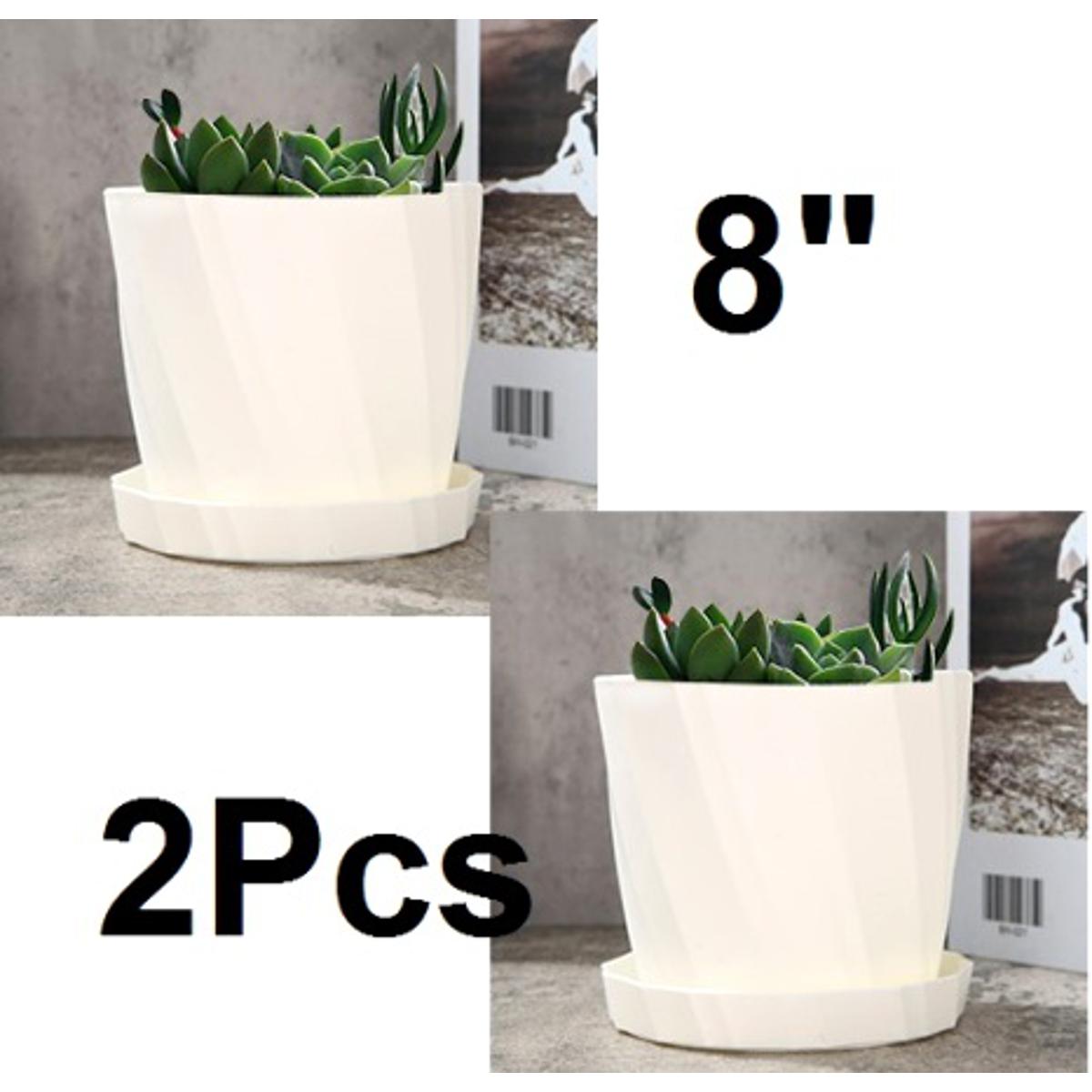 Picture of 2 Pcs 8Inchi Plastic Plant Pots with Pallet/Trays, White Flower Pots Outdoor Indoor Yard Garden Pot Home Decoration for Office House Desk, Round Modern Decor Planter
