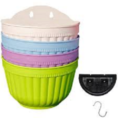 Picture of Resin Wall Hanging Planter 8.1 Inch Plants Basket Half Round Flower Holder Planter Pot With S Hooks Flower Pot Basket Container - Flower Tub