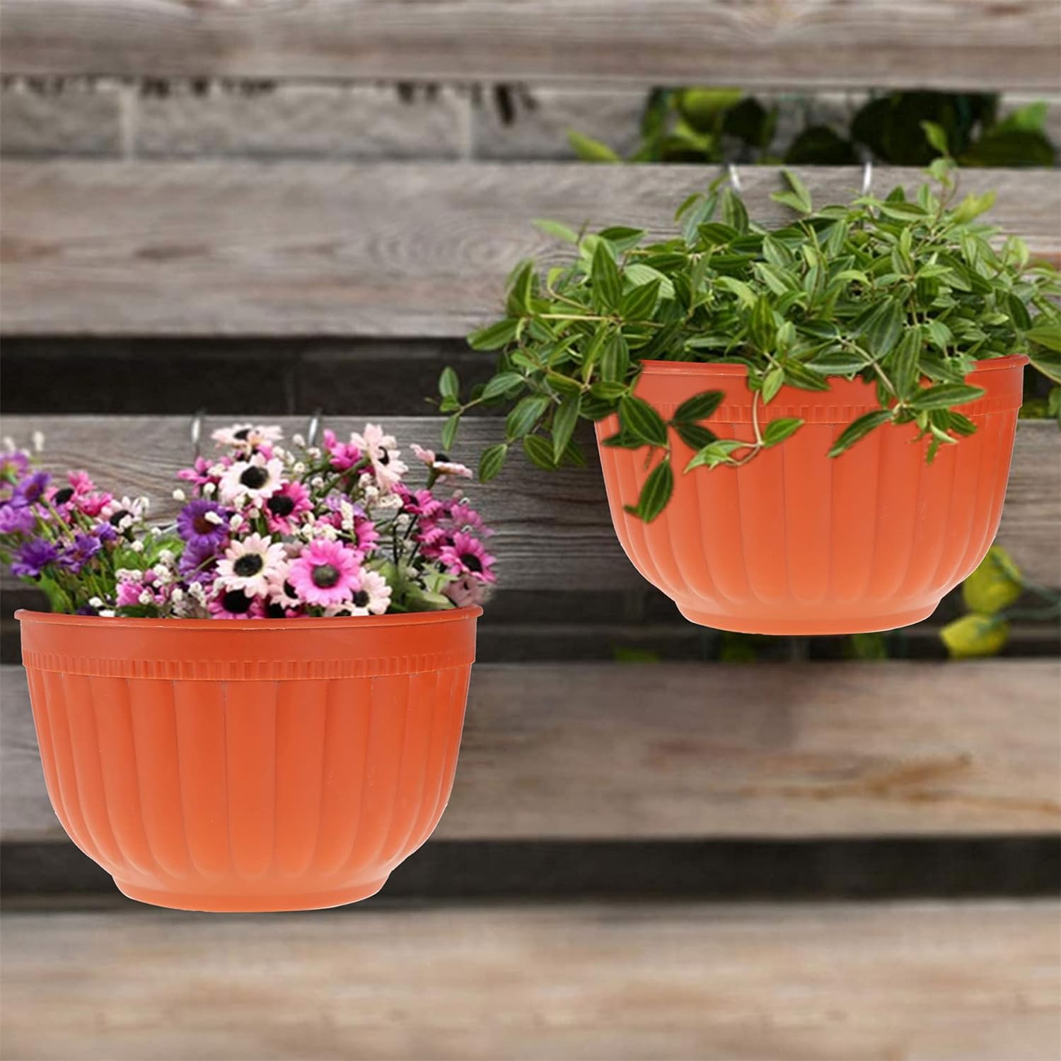 Picture of Resin Wall Hanging Planter 8.1 Inch Plants Basket Half Round Flower Holder Planter Pot With S Hooks Flower Pot Basket Container - Flower Tub