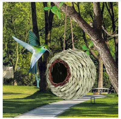 Picture of Hand-Woven Bird Housenest, Natural Hibiscus Shelter, Fend Off The Cold & | Outdoor Indoor Decoration, Hummingbird House for Nesting, for Garden, ParkHanging Ecological Bird House
