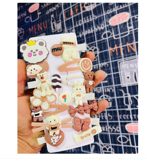 Picture of 14 Pcs Kids Hair Clips Set Cartoon Icecream Cute & Trendy Baby Girls Toddlers Hair Pins Barrettes, Combo of 14 Pcs (Coffee Brown)
