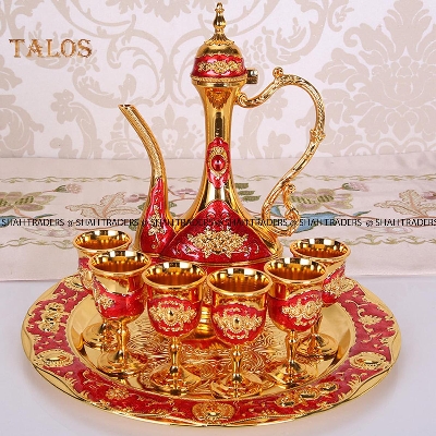 Picture of Vintage Metal Turkish Coffee Pot Set Turkish Tea Set with 6 Luxury Coffee Cups & Craft Tea Tray Teapot for Serving Tea Zamzam Coffee Cappuccino,Gold Silver Ottoman Trim Weddin Gift
