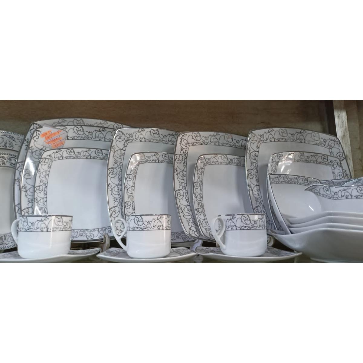Picture of 36 pieces squire dinner set for gift and home decoration- 6 Dinner Plates, 6 Half Plates, 1 Rice Dish, 1 Curry serving bowl, 6 Soup Bowl, 6+6 coffee cup + saucer, 1 Tea Pot, 1 Milk Pot, 1 Sugar Pot, 1 Salt Shaker.(Microwave and Dishwasher Safe)