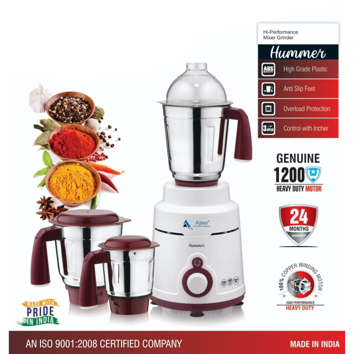 Picture of Blender Plus Mixer Grinder 1200 Watts from India Auto Cut Off Protection Compact 3 SS Jars Superior Performance Lift and Grind Blades