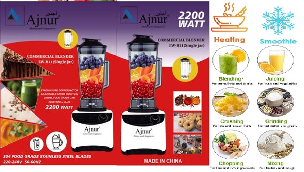 Picture of 2200 Watts Ajnur Commercial Blender Plus Mixer Grinder STEEL BUSH (DOUBLE JAR)