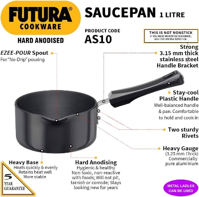 Picture of Hawkins Futura Milkpan, Capacity 1 Litre, Diameter 14 Cm, Thickness 3.25 Mm, Black (As10)