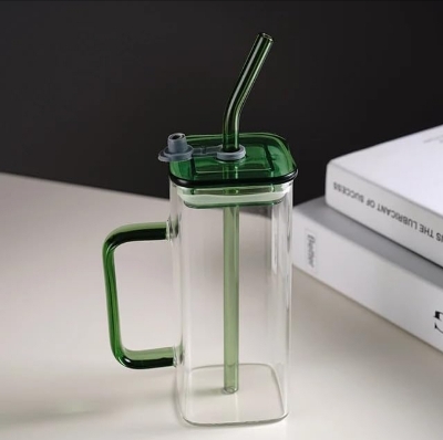 Picture of 1PC Premium-Square Mason Jar 400ml - Elegant Glass Container for Storage, Preservation and Decor, Airtight Lid, Versatile and Stylish Jar, Milkshake, Coffee & Juice Jar with Straw