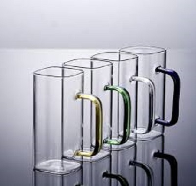 Picture of 4 Pieces Borosilicate Glass Coffee Mug with Colored Handle 400ML GPB306-2/L4C