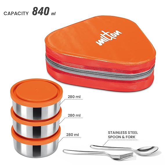 Picture of MILTON Triyum Stainless Steel Tiffin, 3 Container, 280 ml Each, with Jacket, Spoon & Fork, Lunch Box  Food Grade  Odour Proof  Light Weight