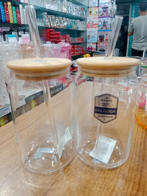 Picture of 1 Plain Glass Can With Bamboo Lid & Sip 61-2