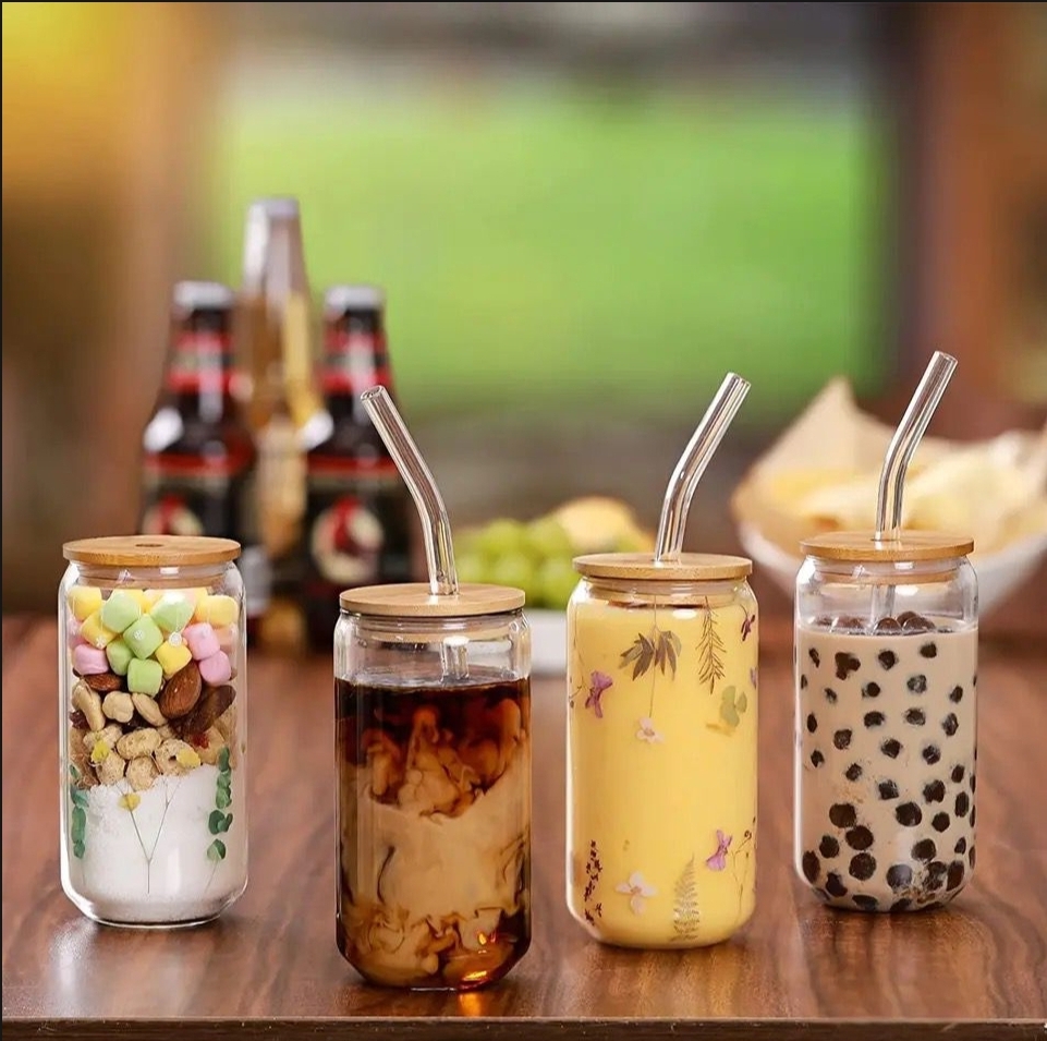 Picture of 1PC Plain Glass Can With Bamboo Lid & Sip 61-2