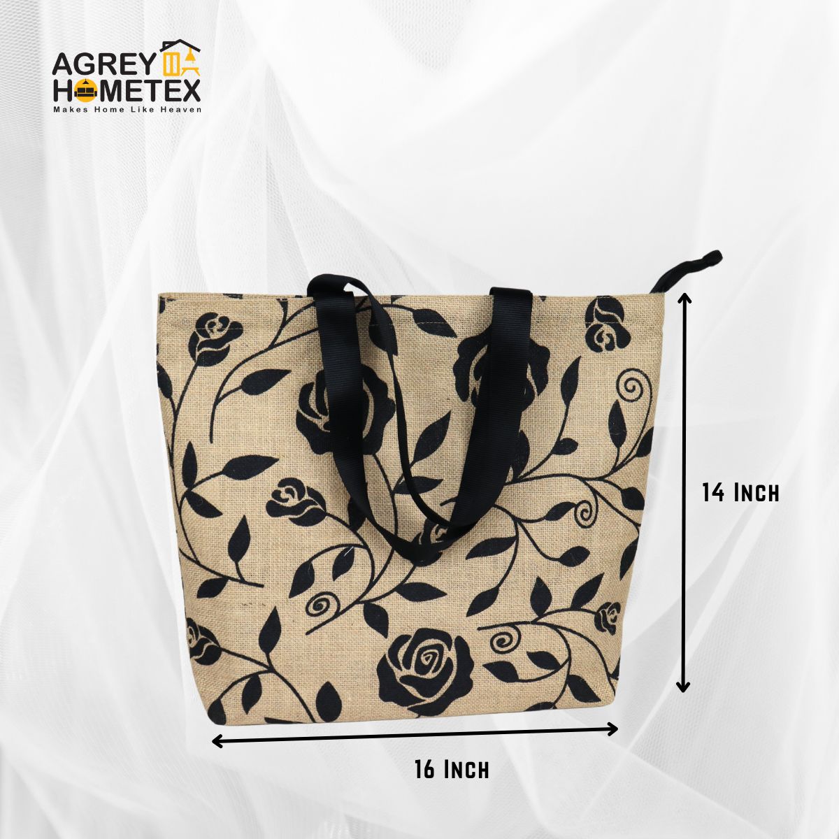 Picture of Jute Tote Bag with Zipper, Natural & Black, (14"x16")