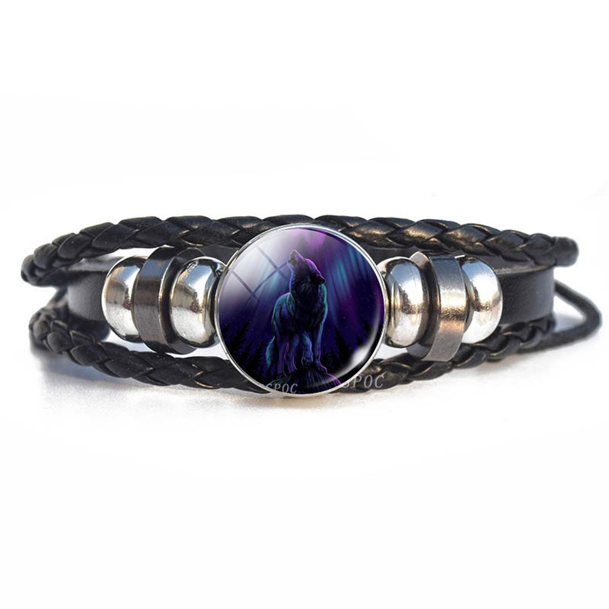 Picture of Fashion Personality Wolf Black Braided Leather Bracelet Glass Cabochon Wolf Pattern Men's Women's Jewelry Gifts