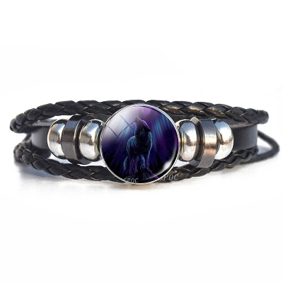 Picture of Fashion Personality Wolf Black Braided Leather Bracelet Glass Cabochon Wolf Pattern Men's Women's Jewelry Gifts