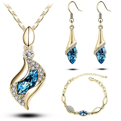 Picture of Elegant Luxury Design New Women Fashion Gold Plated Color Austrian Crystal Drop Necklace Earrings Bracelet Jewelry Sets