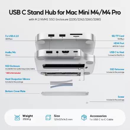 Picture of PULWTOP Mac mini M4/M4 Pro Hub Stand Dock with External Storage Upgrade M.2 SSD Enclosure(SSD NOT Included)