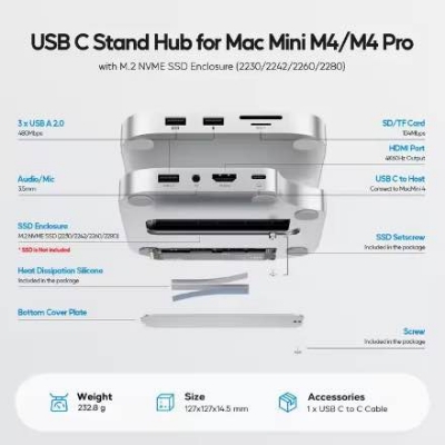 Picture of PULWTOP Mac mini M4/M4 Pro Hub Stand Dock with External Storage Upgrade M.2 SSD Enclosure(SSD NOT Included)