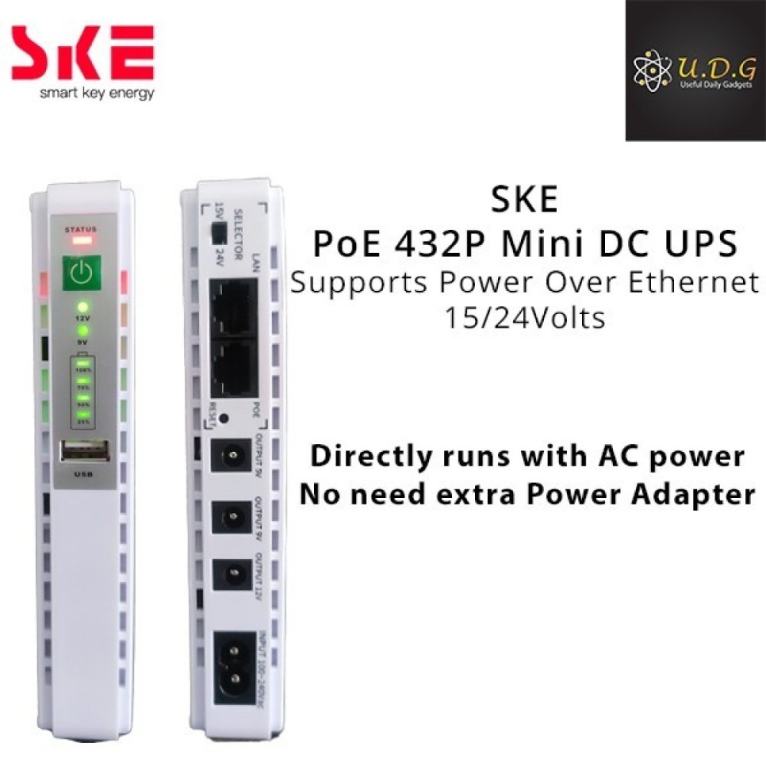 Picture of SKE POE 432P Mini DC UPS 25Watt 5v 9v 12v & PoE support 15/24v (10400MAH UPDATE VERSION