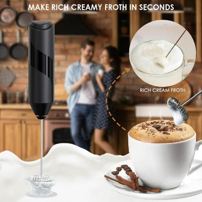 Picture of Milk Frother Handheld with Stand, Battery Powered Foam Maker, Whisk Drink Mixer Mini Blender For Coffee, Frappe, Latte, Matcha, Chocolate (Black)