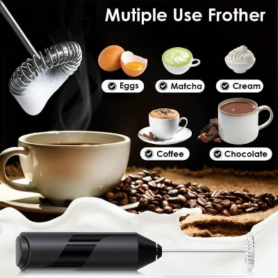 Picture of Milk Frother Handheld with Stand, Battery Powered Foam Maker, Whisk Drink Mixer Mini Blender For Coffee, Frappe, Latte, Matcha, Chocolate (Black)