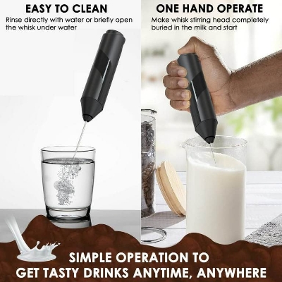 Picture of Milk Frother Handheld with Stand, Battery Powered Foam Maker, Whisk Drink Mixer Mini Blender For Coffee, Frappe, Latte, Matcha, Chocolate (Black)