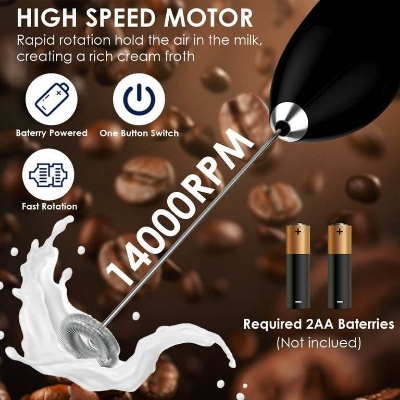 Picture of Milk Frother Handheld with Stand, Battery Powered Foam Maker, Whisk Drink Mixer Mini Blender For Coffee, Frappe, Latte, Matcha, Chocolate (Black)