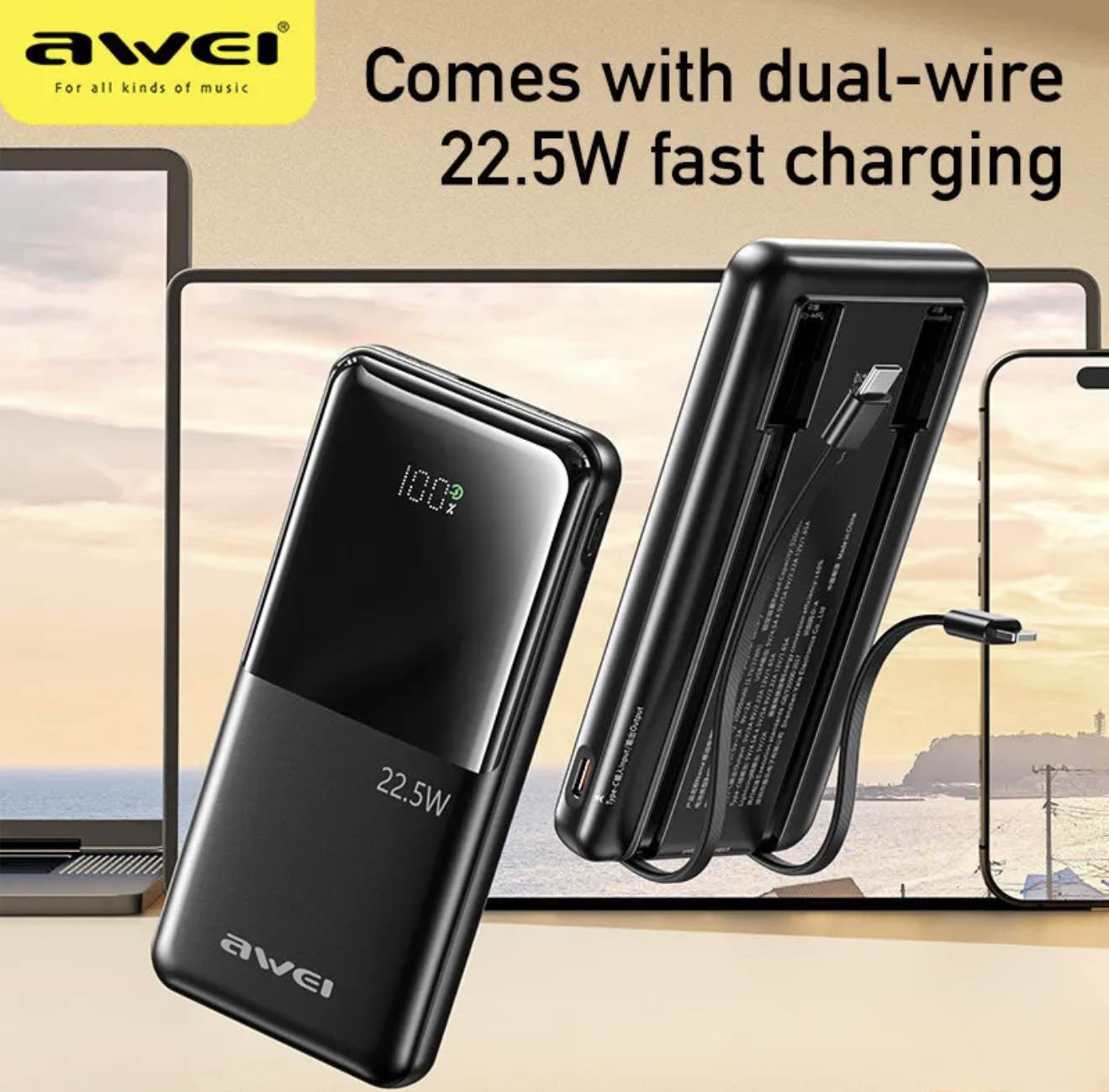 Picture of Awei P76K 22.5W 10000mAh Powerbank Built-In Cable bd price