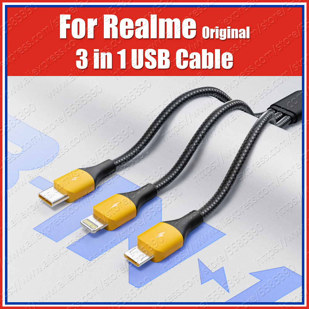 Picture of Realme 3 in 1 PET Weave Type C Lightning Micro USB Cable VOOC Dart Warp 10W 1.2M