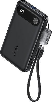 Picture of Anker A1257 Power Bank, 10,000mAh Portable Charger with Built-in USB-C Cable and Lanyard, 22.5W Max Output with 2 USB-C and 1 USB-A Port, Battery Pack for iPhone 15/14, Galaxy S23, iPad, AirPods