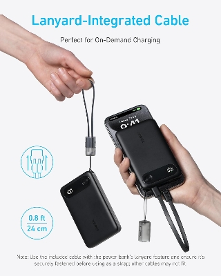 Picture of Anker A1257 Power Bank, 10,000mAh Portable Charger with Built-in USB-C Cable and Lanyard, 22.5W Max Output with 2 USB-C and 1 USB-A Port, Battery Pack for iPhone 15/14, Galaxy S23, iPad, AirPods
