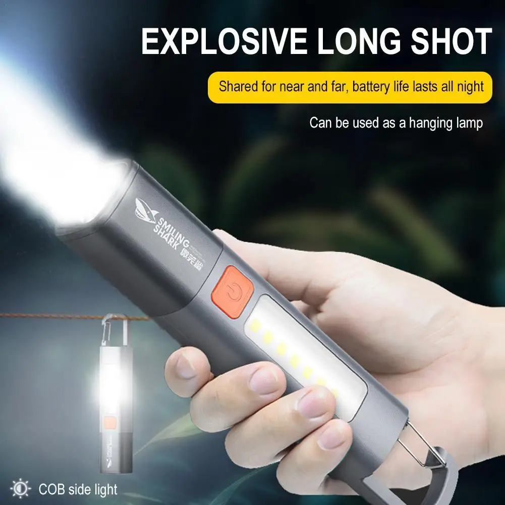 Picture of Smiling Shark SD1023 LED Torch Light XPE Super Bright Flashlight With Hook Camping Light USB Rechargeable Zoomable Waterproof
