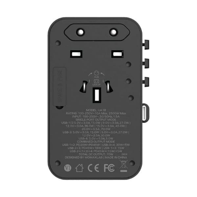 Picture of Momax UA18D 1-World+ 70W GaN 3Ports Travel Charger with Built-in USB-C Cable -65cm