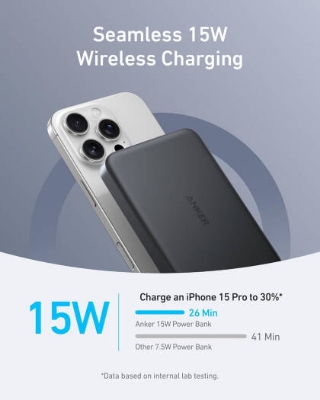 Picture of Anker MagGo Power Bank, 10,000mAh Total Capacity, Magnetic Portable, Qi2 Certified, 15W Ultra-Fast, MagSafe-Compatible, Ergonomic Design, For iPhone 16/15/14/13/12 Series, Black | A1664