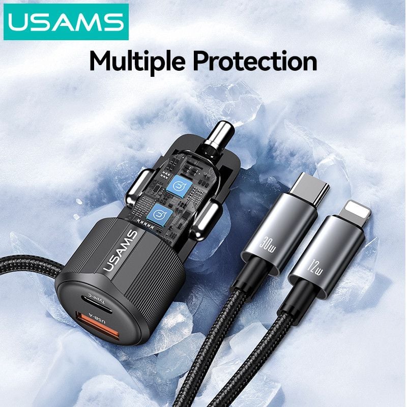 Picture of USAMS CC287 66W 2-in-1 Car Charger with Built-in USB C + Lightning 1.2m Cable