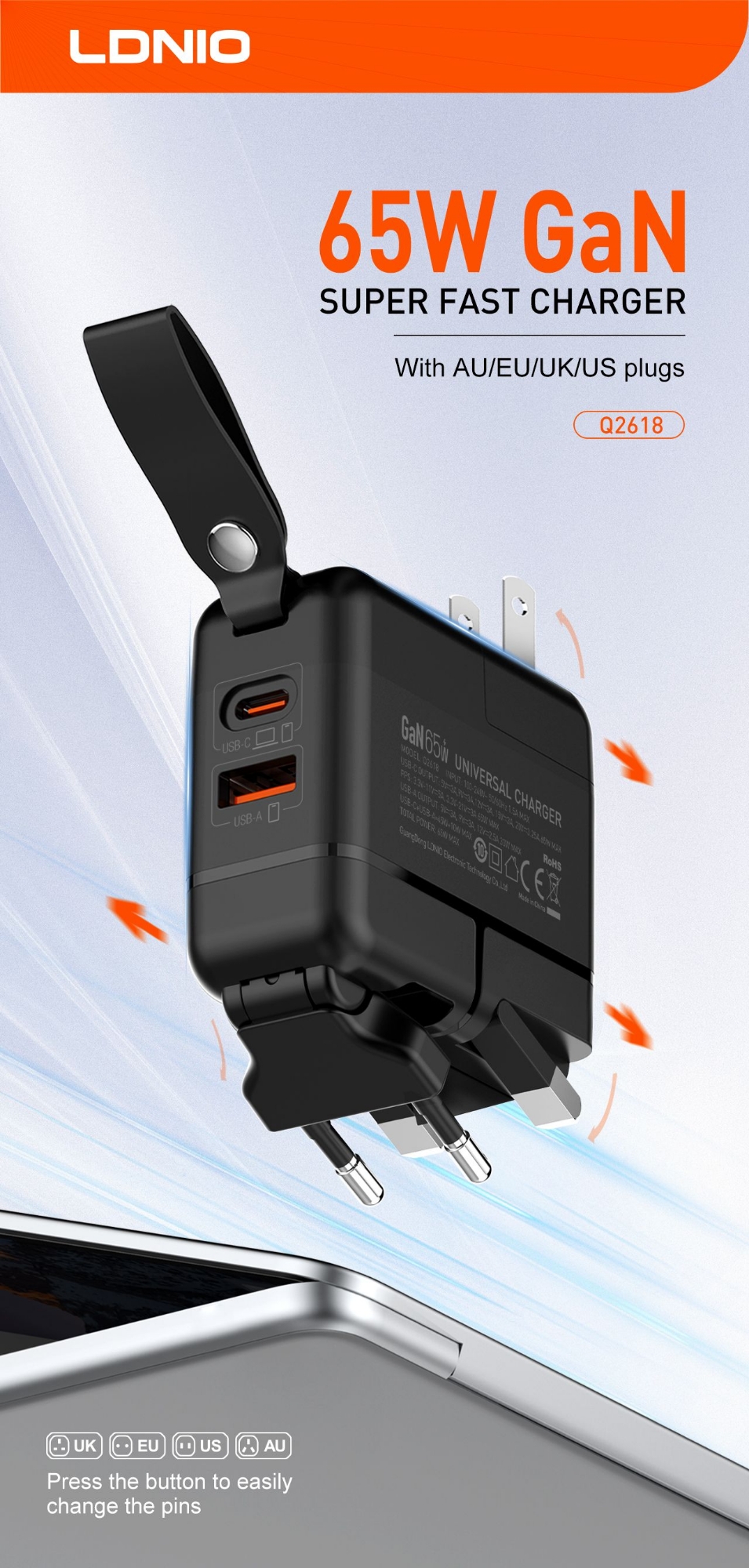 Picture of LDNIO Q2618 65W 2-Port Portable Travel Charger USB-C+USB-A QC3.0 2.0 AFC FCP SCP Fast Charging Wall Charger Adapter Built-in EU/US/UK/AU Plug