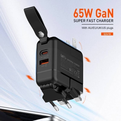 Picture of LDNIO Q2618 65W 2-Port Portable Travel Charger USB-C+USB-A QC3.0 2.0 AFC FCP SCP Fast Charging Wall Charger Adapter Built-in EU/US/UK/AU Plug