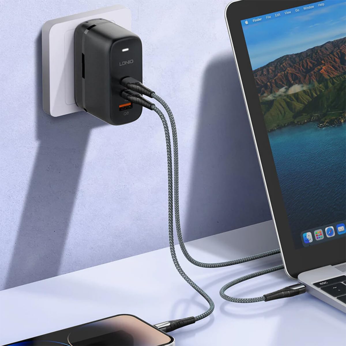 Picture of LDNIO Q366 GaN 65W PD QC4.0+ Triple Port Fast Charger - USB-C Power Delivery Travel Adapter for iPhone & Android Devices