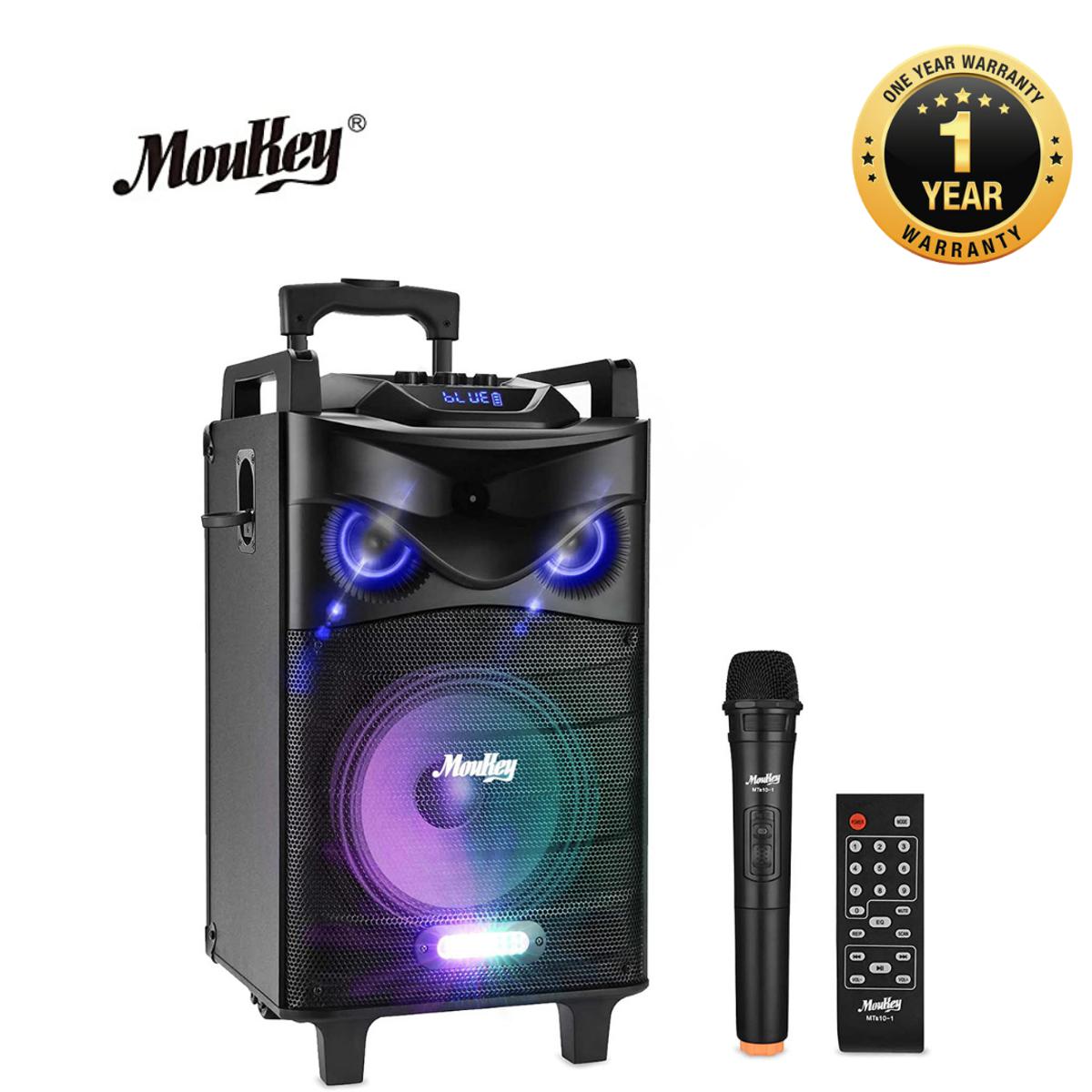 Picture of Moukey Karaoke Machine Speaker, Bluetooth Outdoor Portable Wireless Speaker PA System with 10" Subwoofer, Microphone, DJ Lights, Rechargeable Battery, Recording, MP3/USB/TF/FM (RMS 140W to 520W Peak)